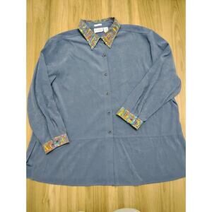 Joanna Plus Womens Blue Suede Longsleeve Button Shirt Abstract Collared 3x